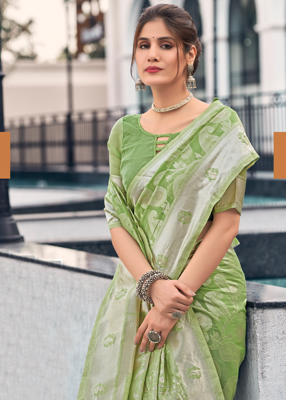 Buy MySilkLove Chenni Green Lucknowi Linen Cotton Saree Online