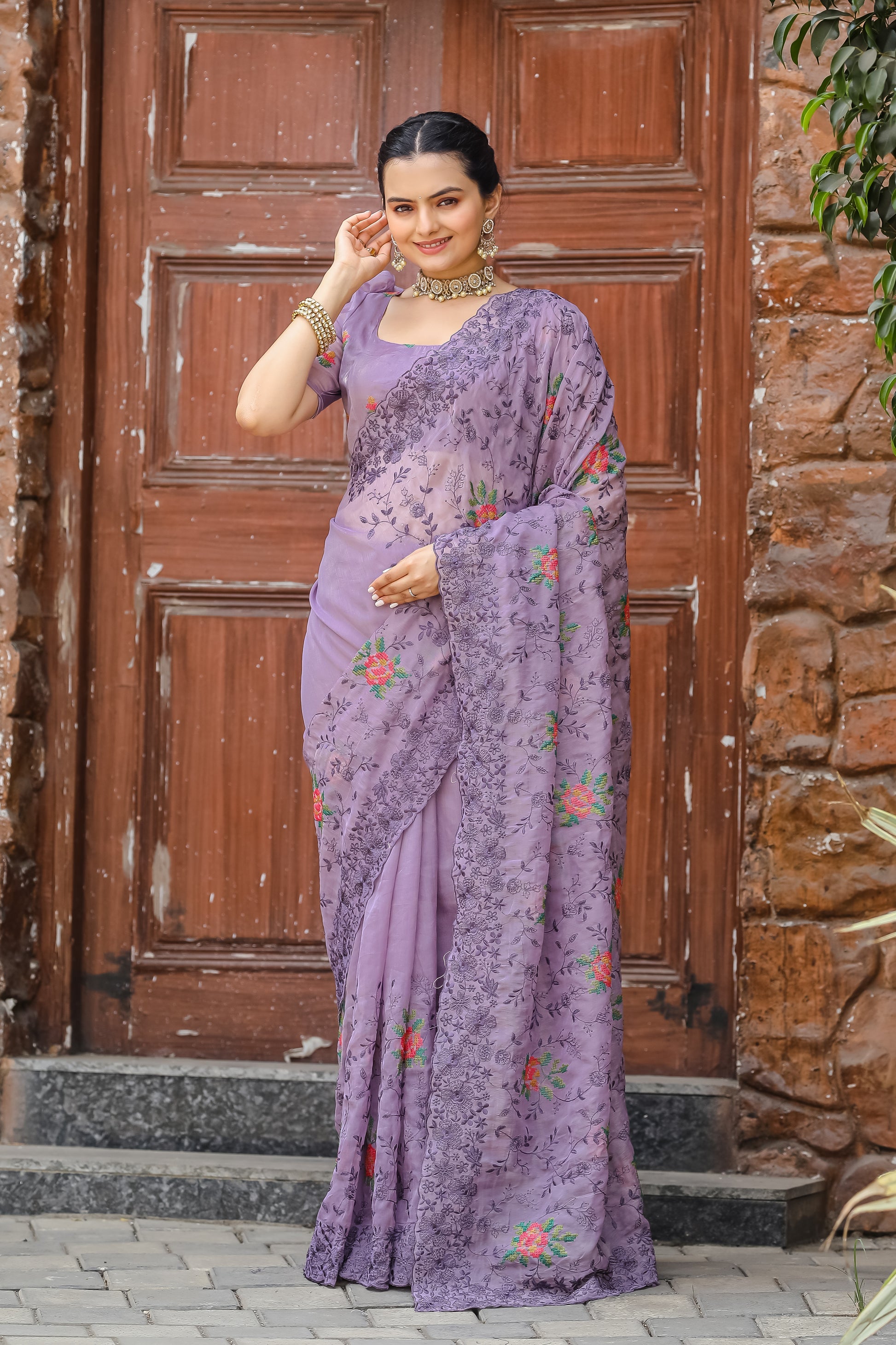 Buy MySilkLove Glossy Grape Purple Embroidered Chiffon Silk Saree Online