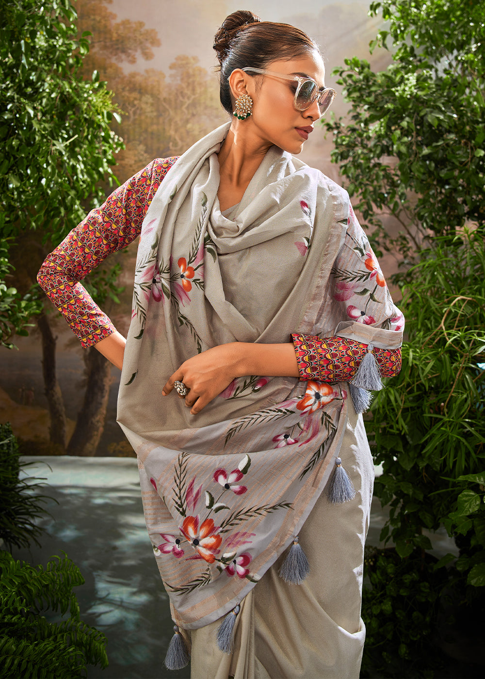 MySilkLove Lead Grey Hand Painted Linen Silk Saree