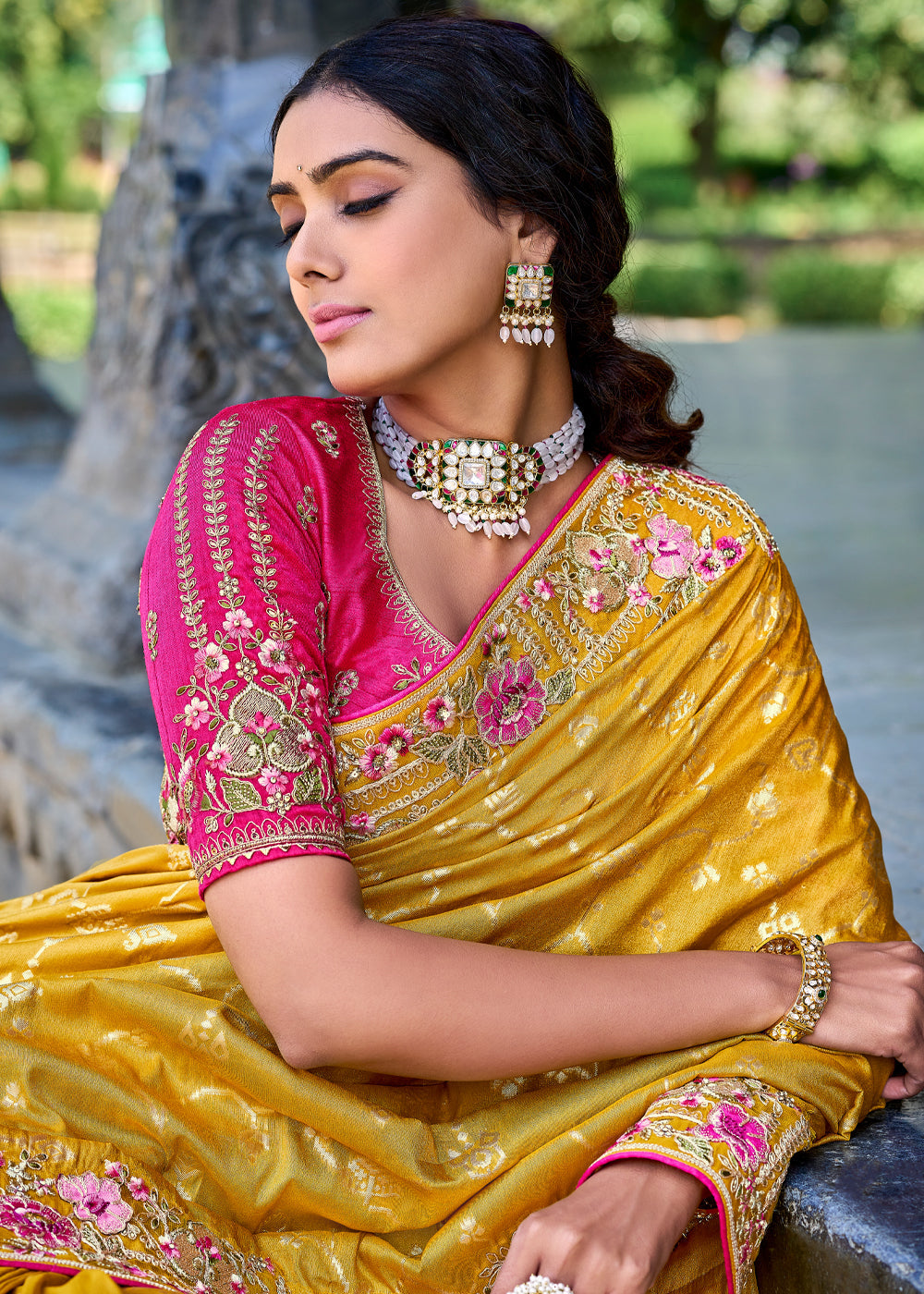 MySilkLove Amber Yellow Woven Designer Banarasi Embroidered Silk Saree