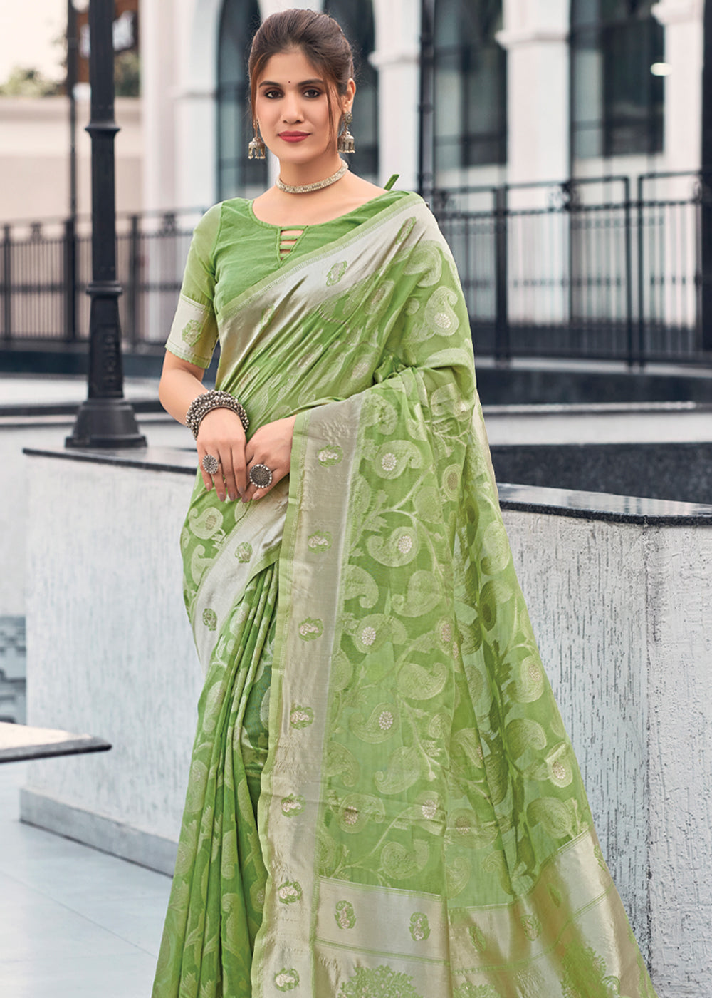 Buy MySilkLove Chenni Green Lucknowi Linen Cotton Saree Online