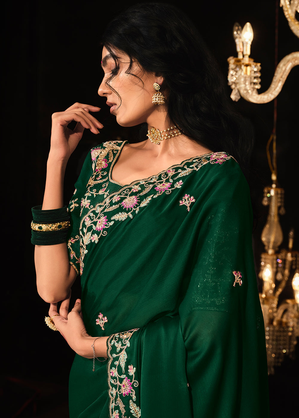 Buy MySilkLove Bush Green Embroidered Designer Satin Silk Saree Online