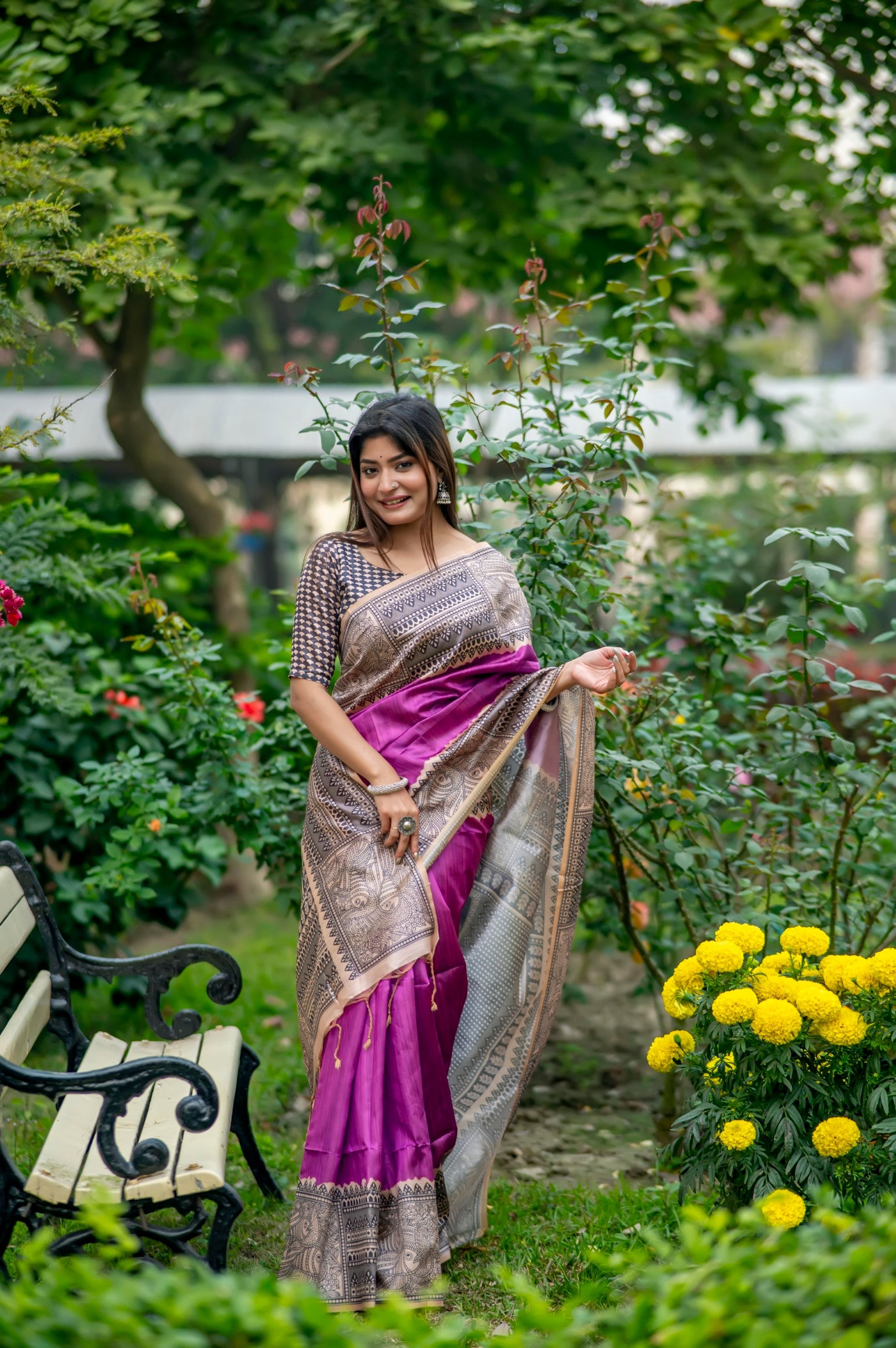 Buy MySilkLove Plum Purple Madhubani Printed Silk Saree Online