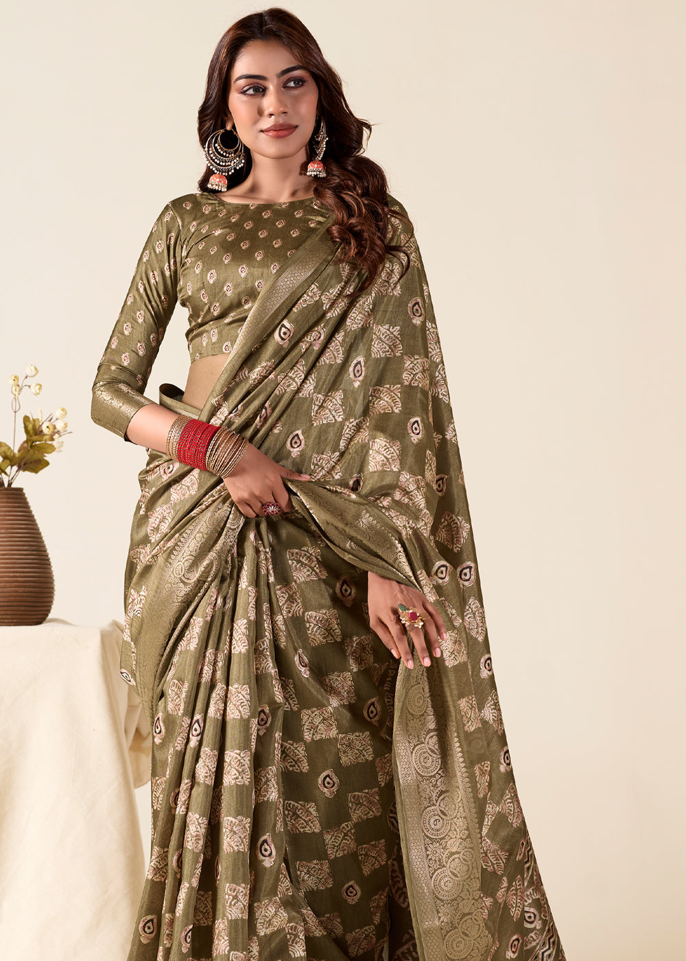 Buy MySilkLove Leather Green Banarasi Printed Soft Silk Saree Online