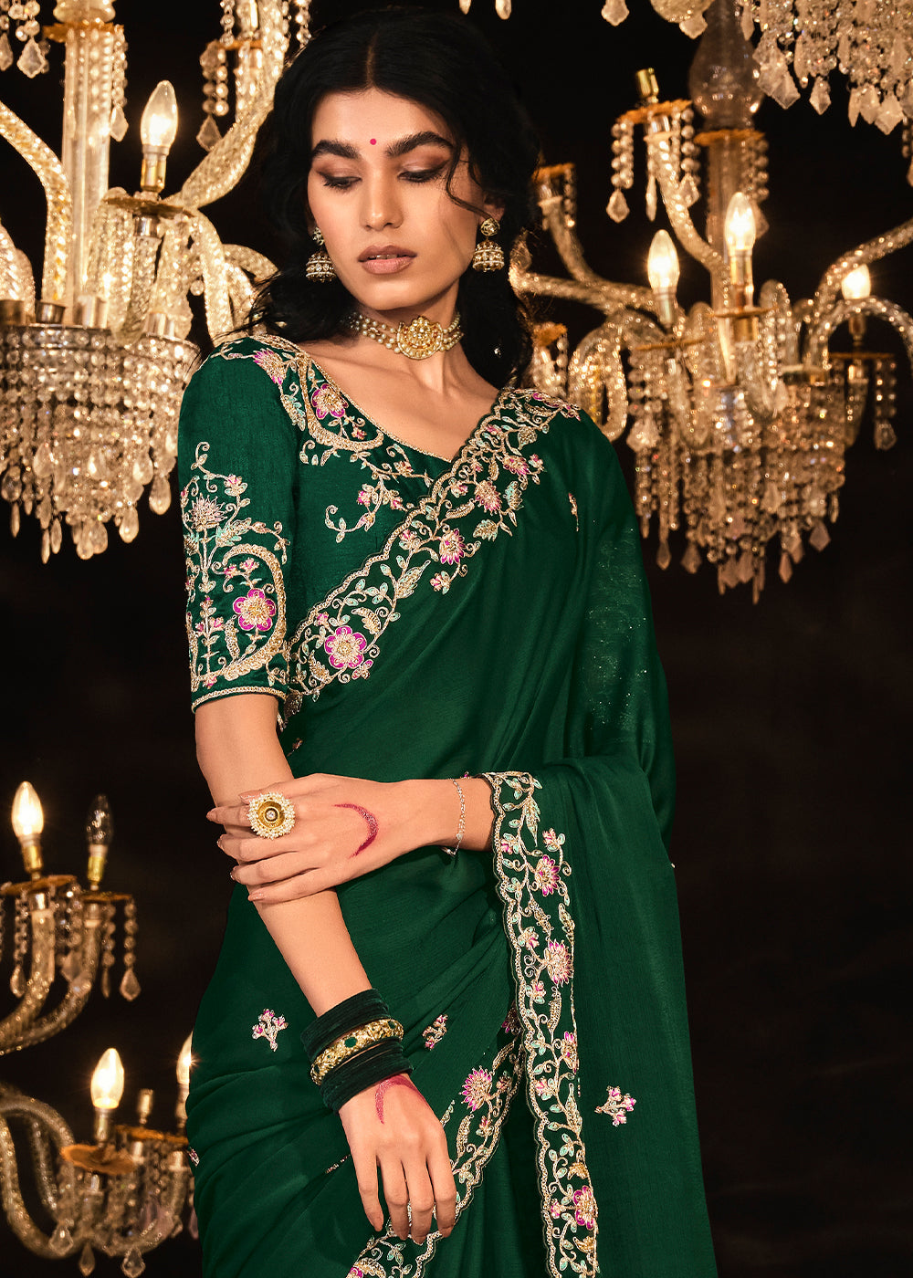 Buy MySilkLove Bush Green Embroidered Designer Satin Silk Saree Online