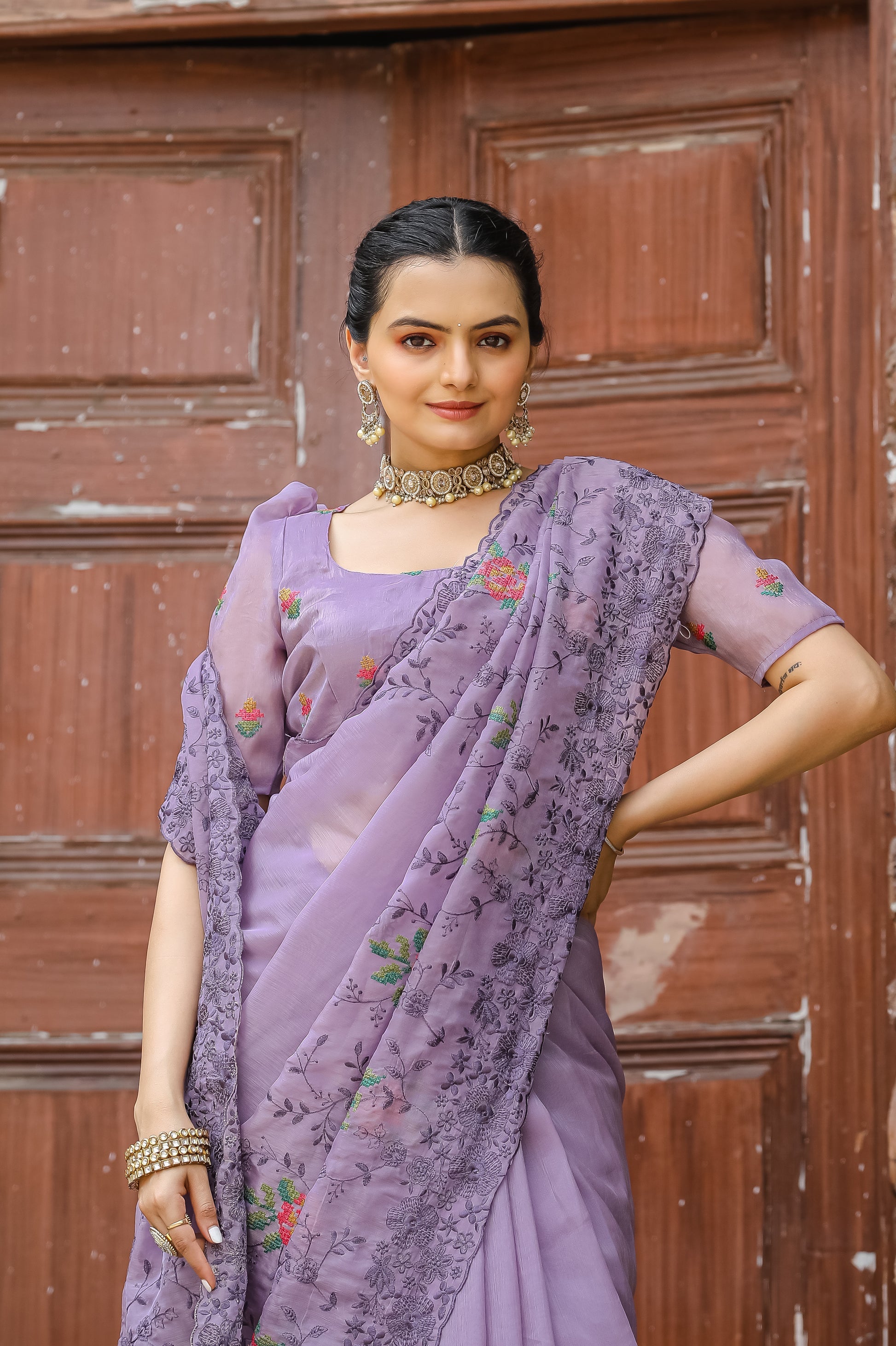 Buy MySilkLove Glossy Grape Purple Embroidered Chiffon Silk Saree Online