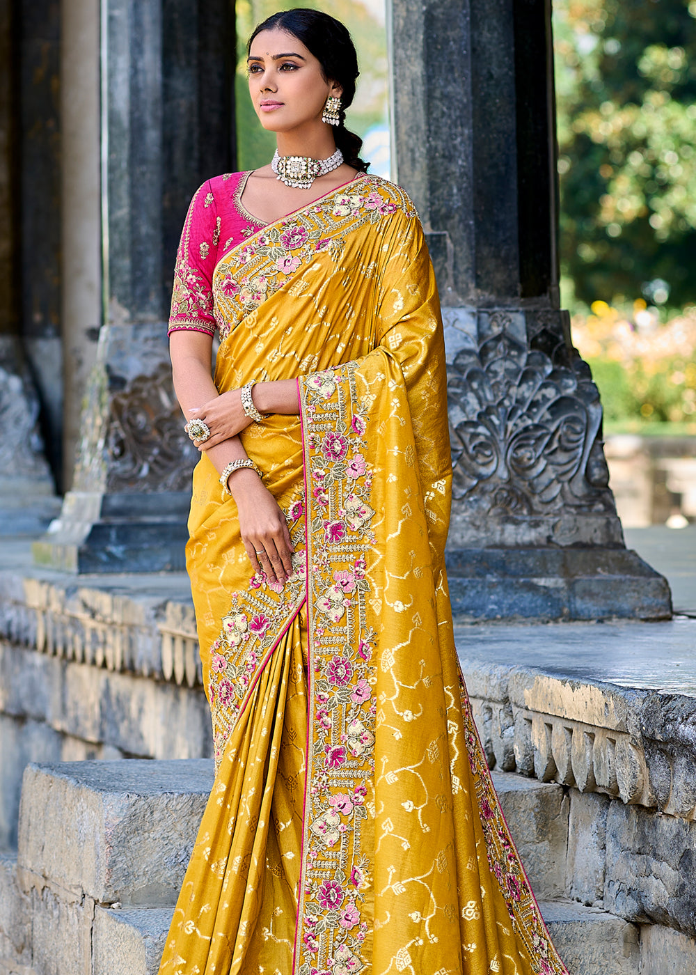 Buy MySilkLove Amber Yellow Woven Designer Banarasi Embroidered Silk Saree Online