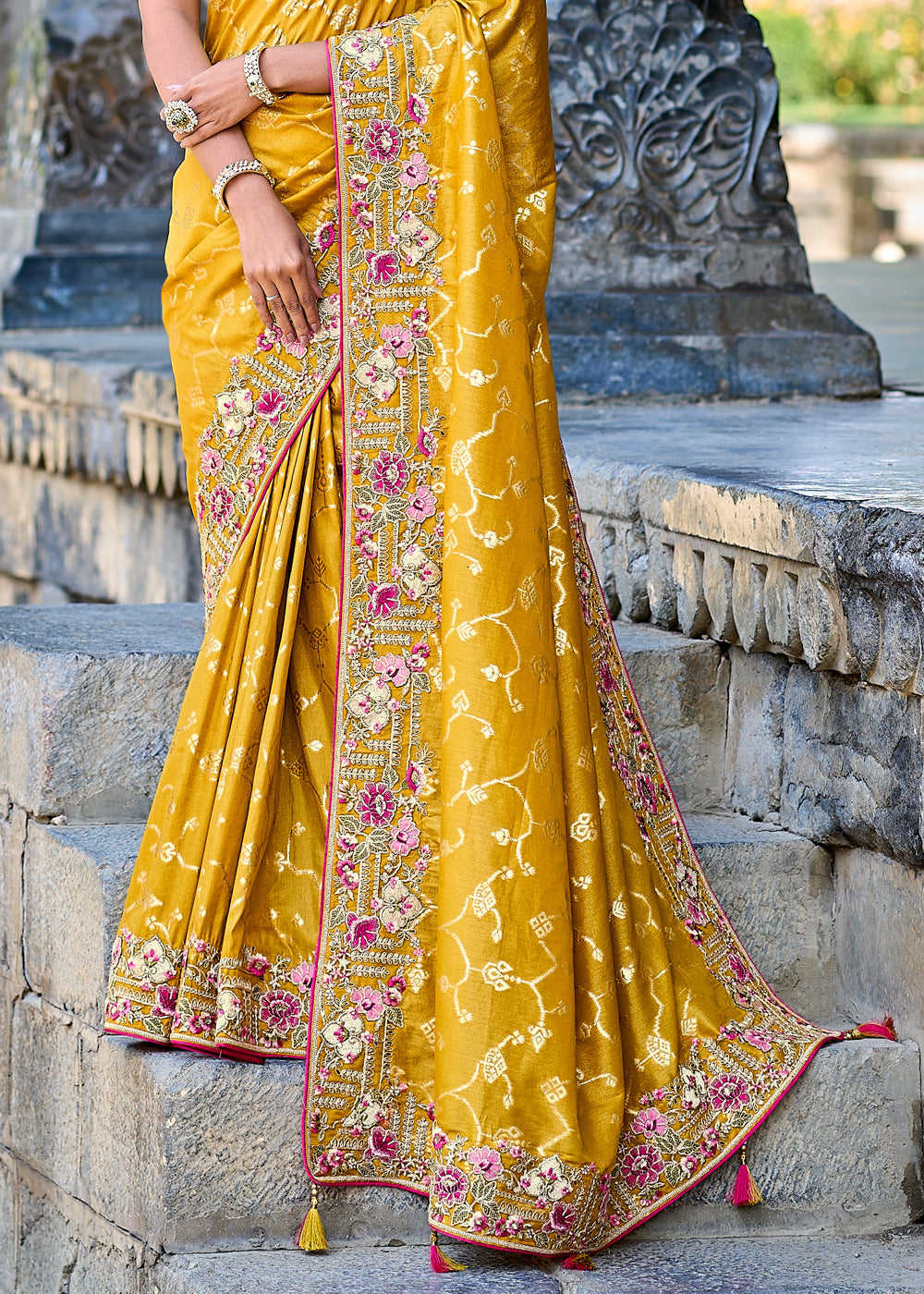 Buy MySilkLove Amber Yellow Woven Designer Banarasi Embroidered Silk Saree Online