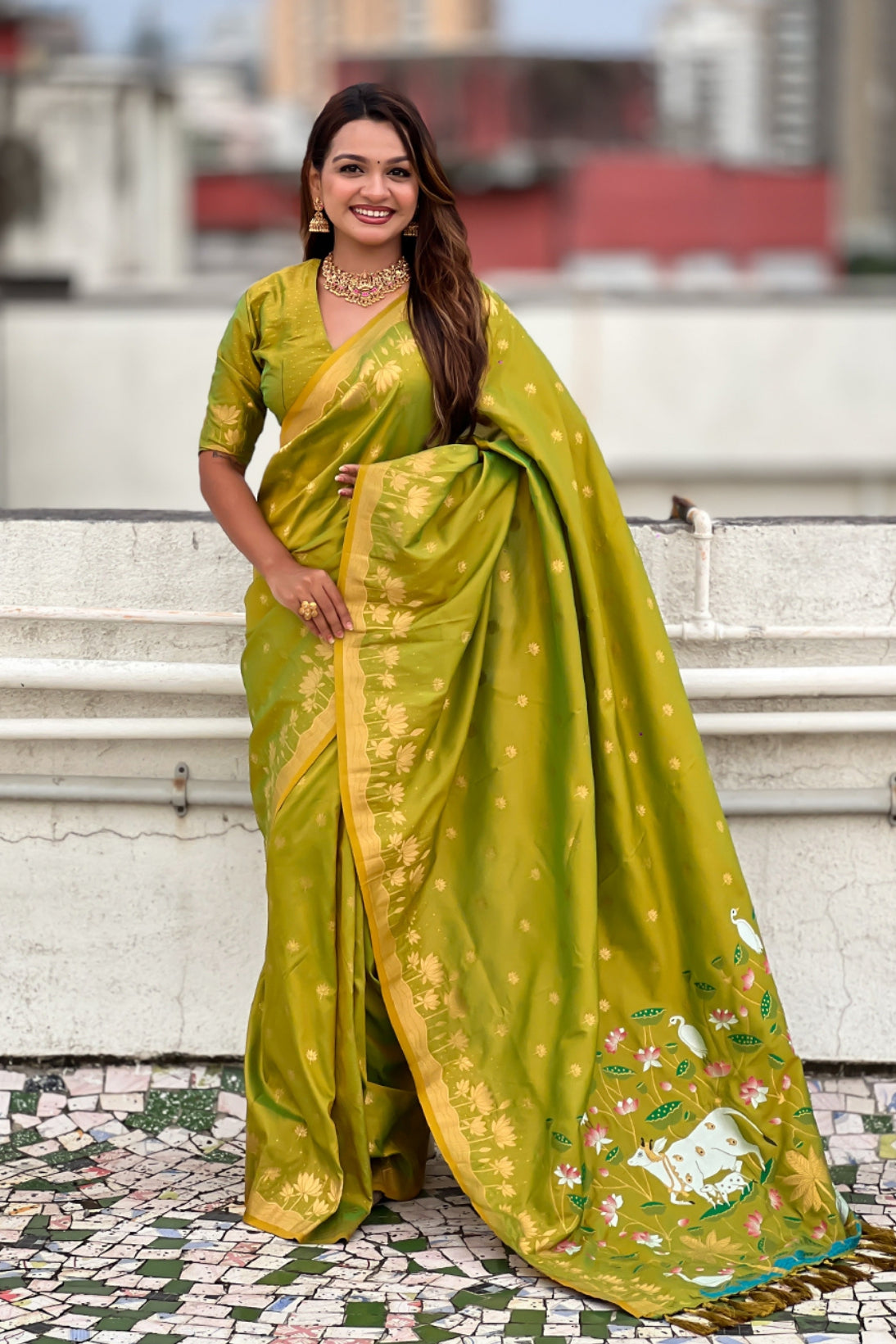 Buy MySilkLove Mehendi Green Woven Lotus Banarasi Saree Online