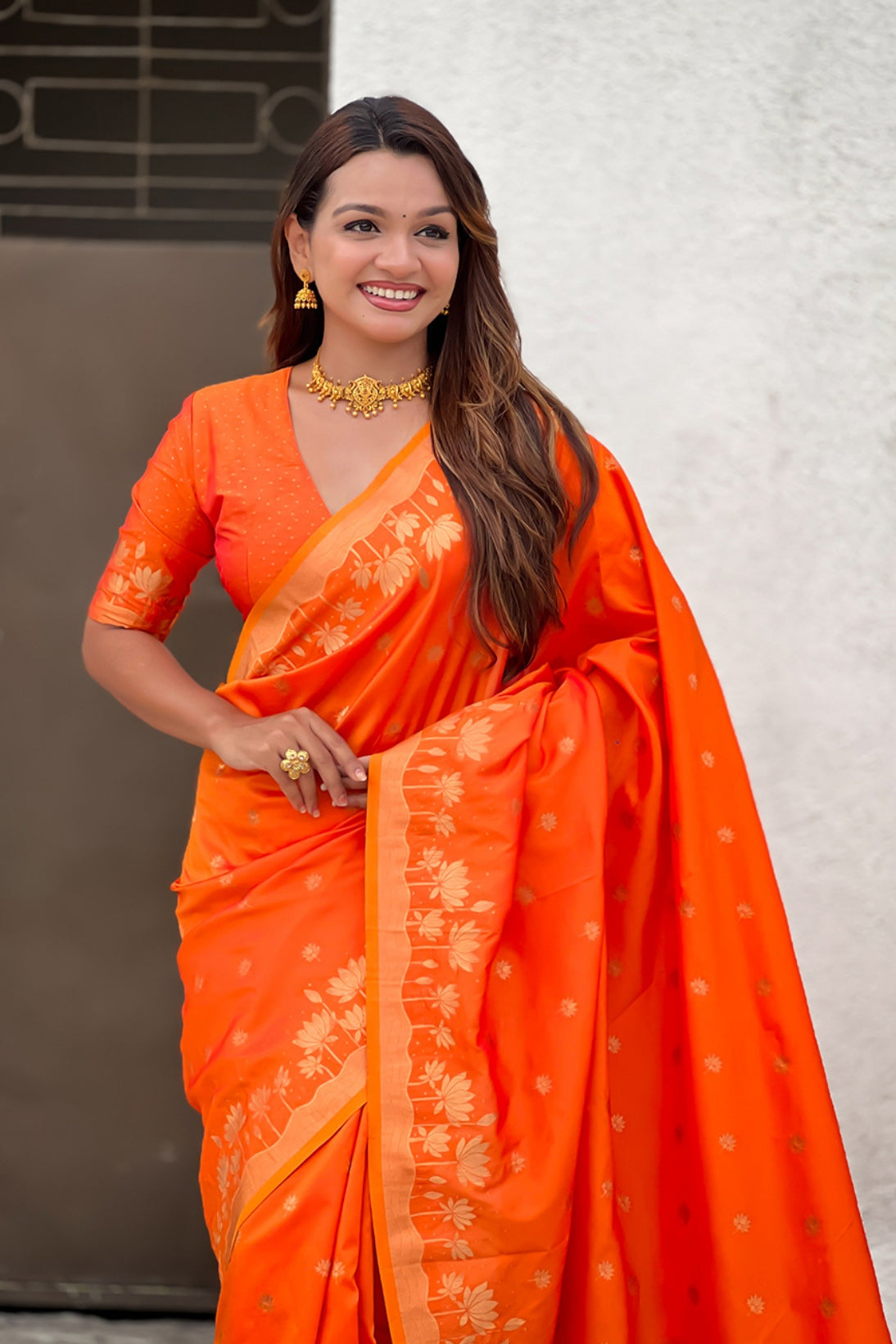 MySilkLove Burned Orange Woven Lotus Banarasi Saree