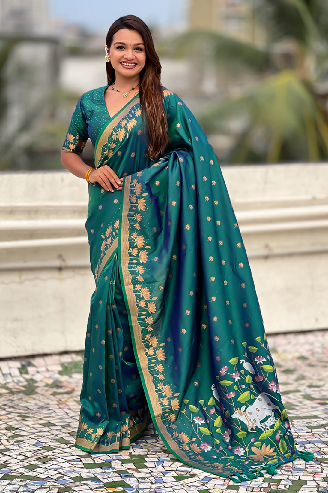 Buy MySilkLove Bottle Green Woven Lotus Banarasi Saree Online