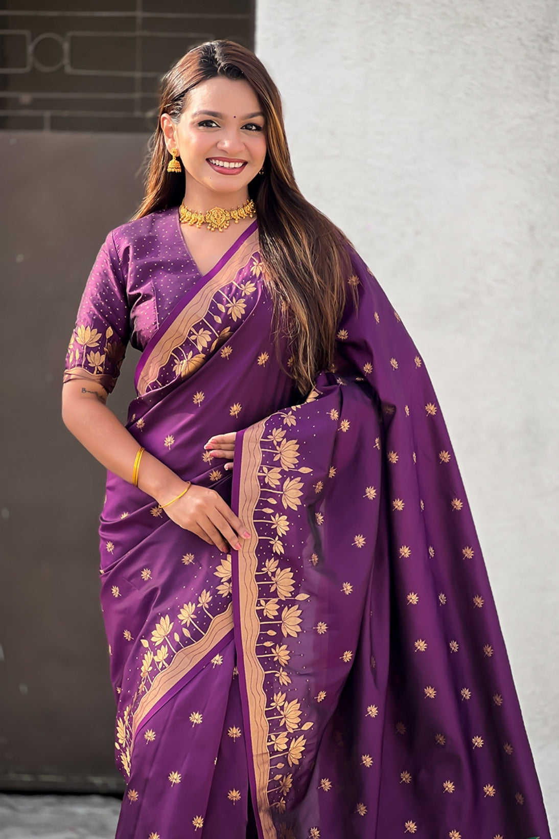 MySilkLove Crocus Purple Woven Lotus Banarasi Saree
