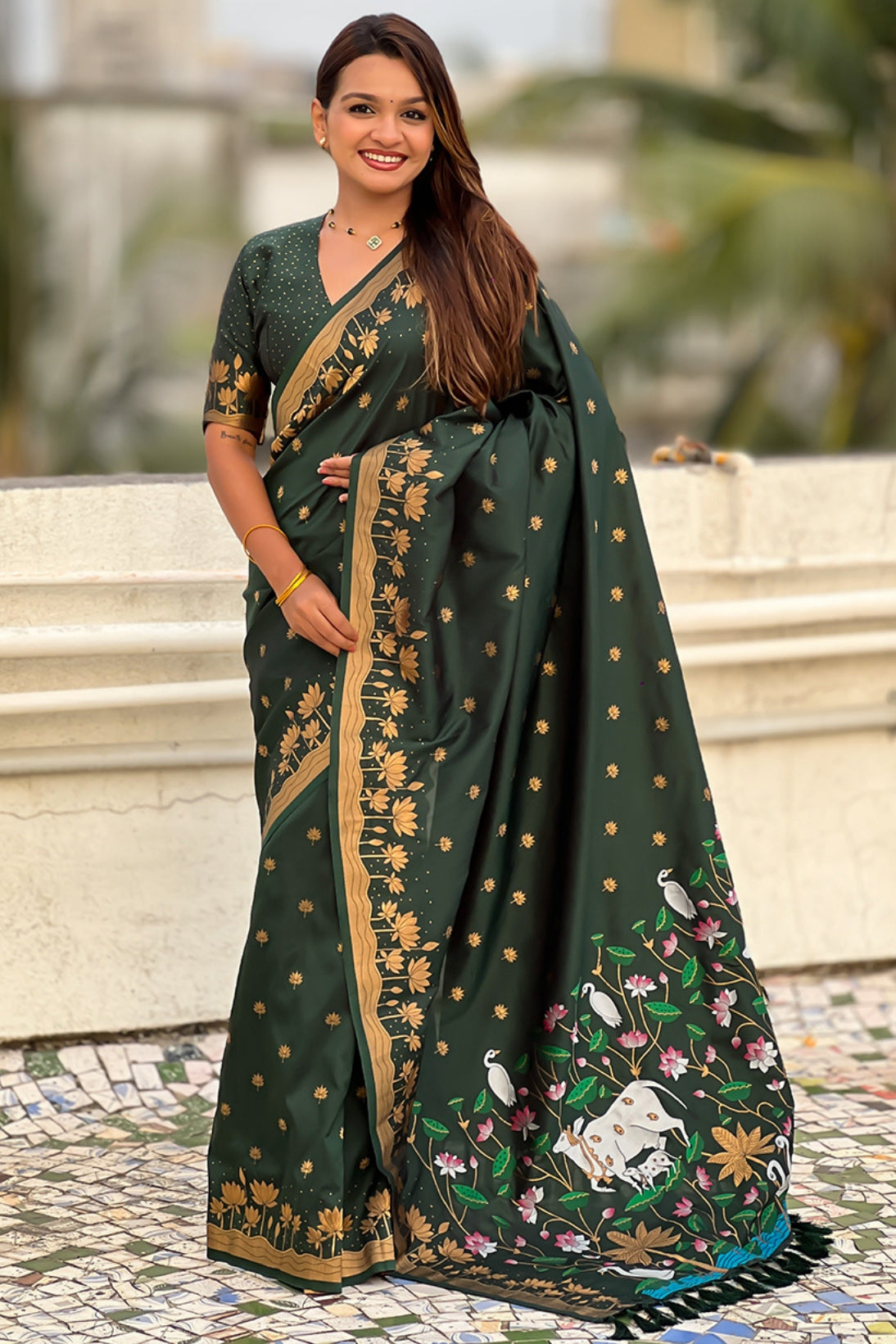 Buy MySilkLove Dark Leaves Green Woven Lotus Banarasi Saree Online