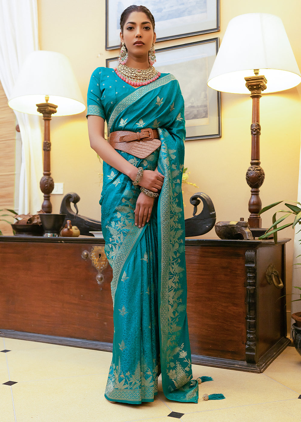 Buy MySilkLove Sea Serpent Blue Woven Satin Silk Saree Online