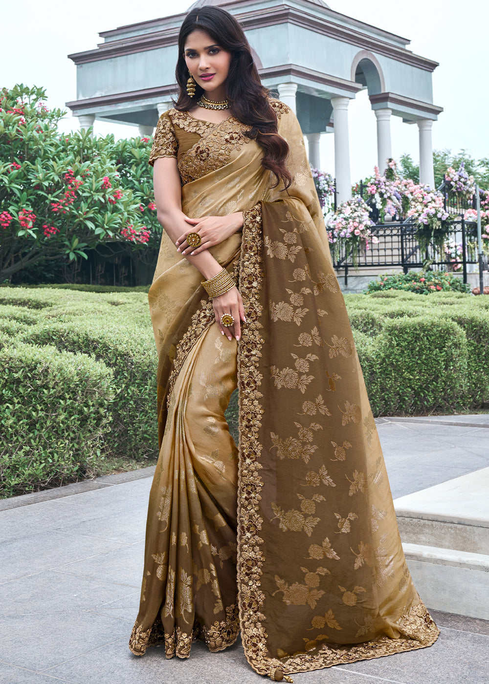 Buy MySilkLove Peanut Brown Embroidered Designer Silk Saree Online