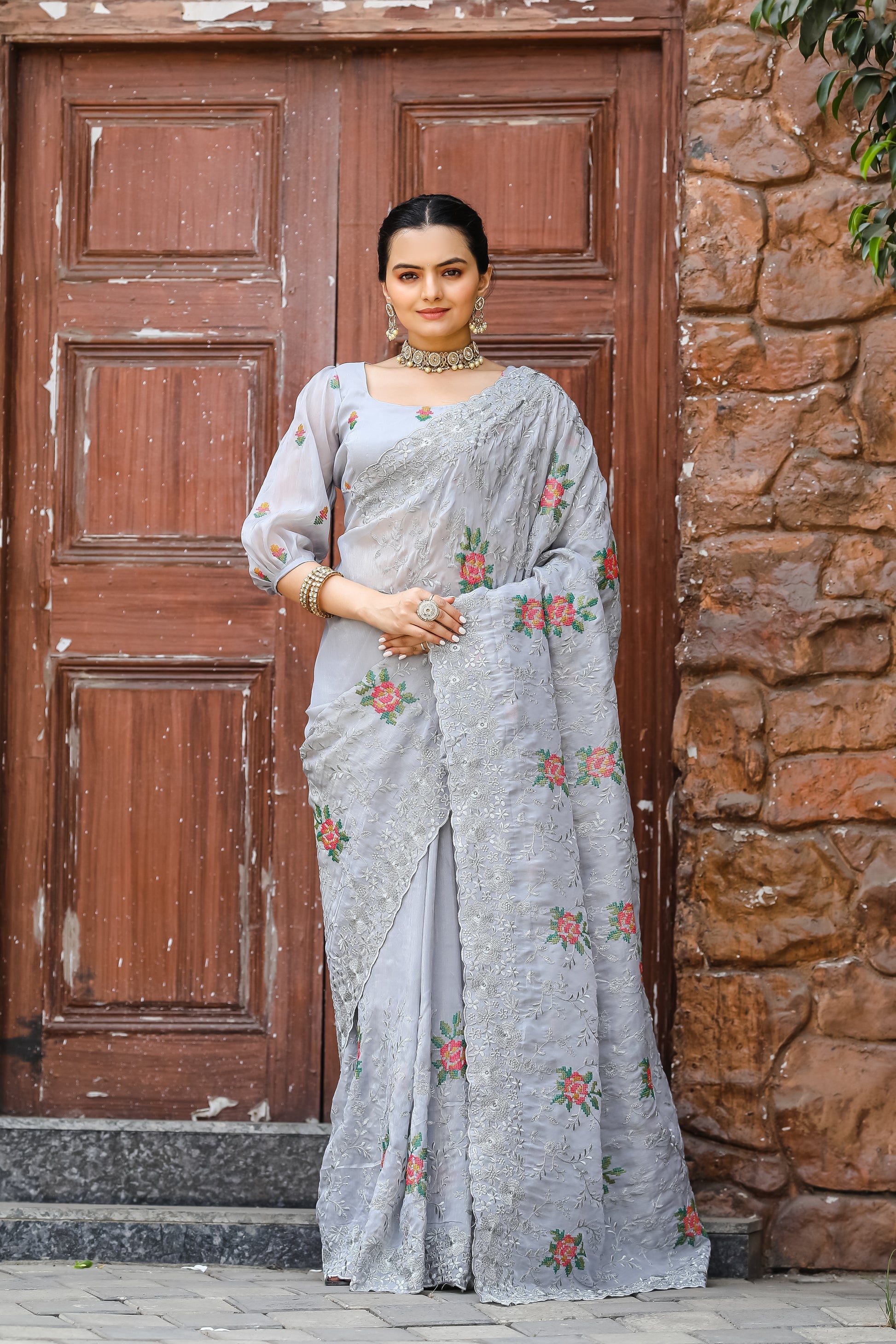 Buy MySilkLove Cloudy Grey Embroidered Chiffon Silk Saree Online