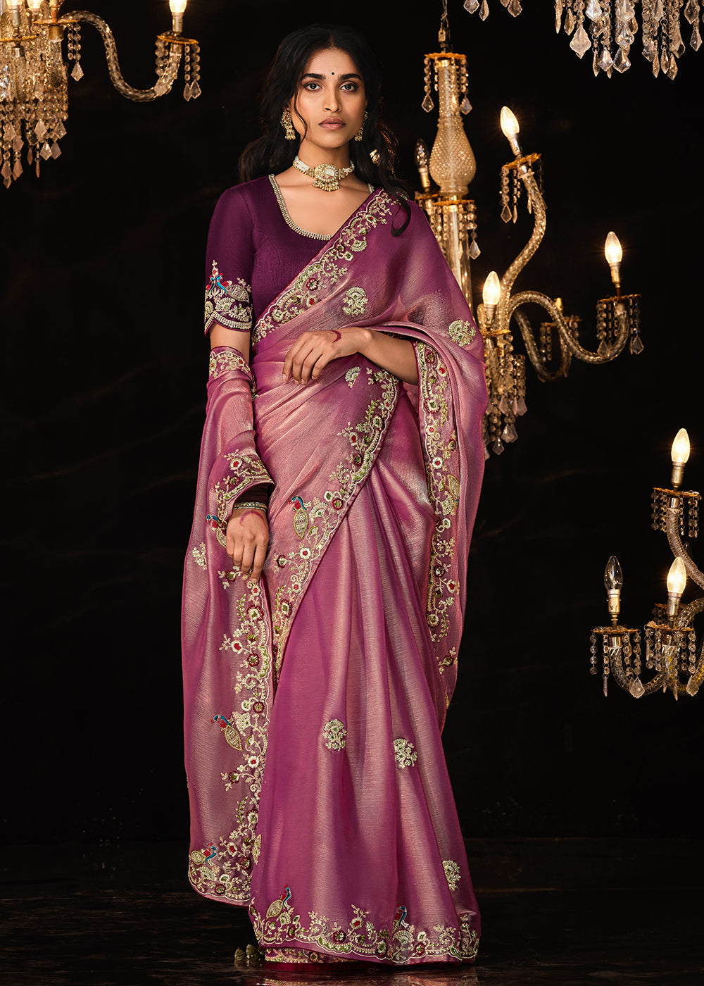 Buy MySilkLove Cadillac Purple Embroidered Designer Satin Silk Saree Online