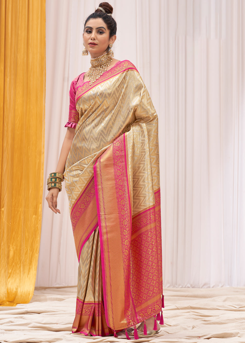 Buy MySilkLove Cashmere Cream Woven Kanjivaram Saree Online