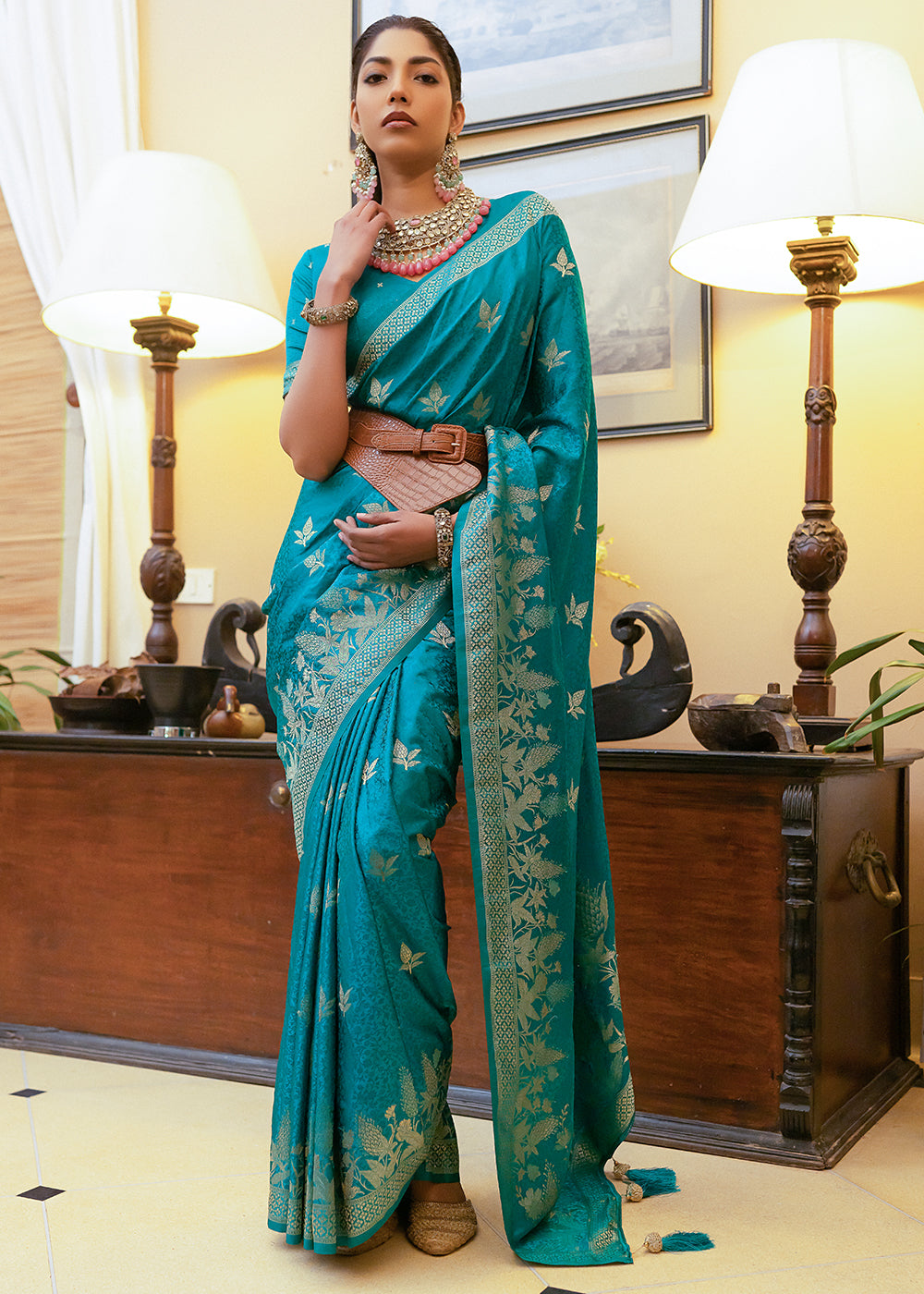 MySilkLove Sea Serpent Blue Woven Satin Silk Saree