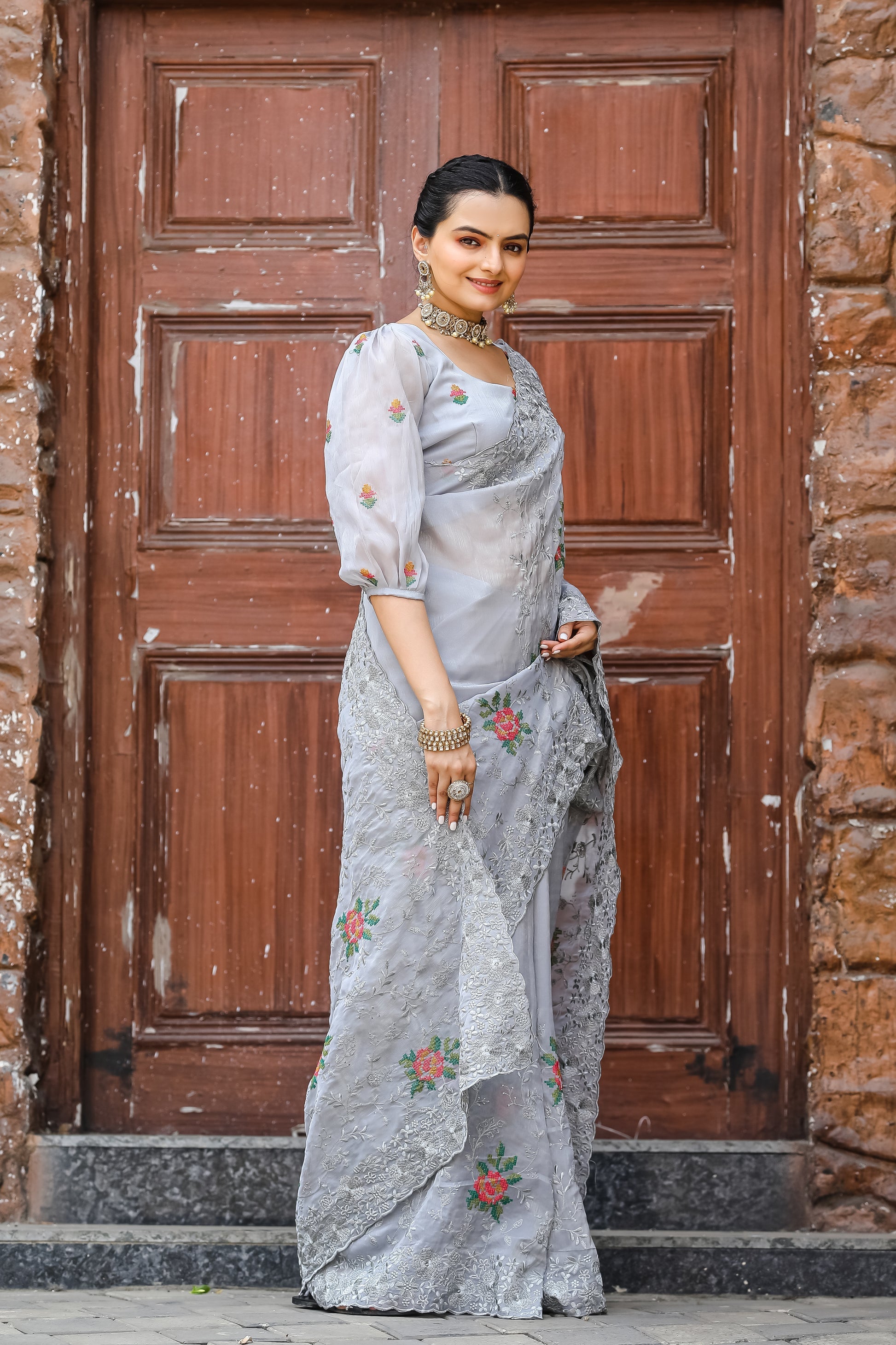 Buy MySilkLove Cloudy Grey Embroidered Chiffon Silk Saree Online