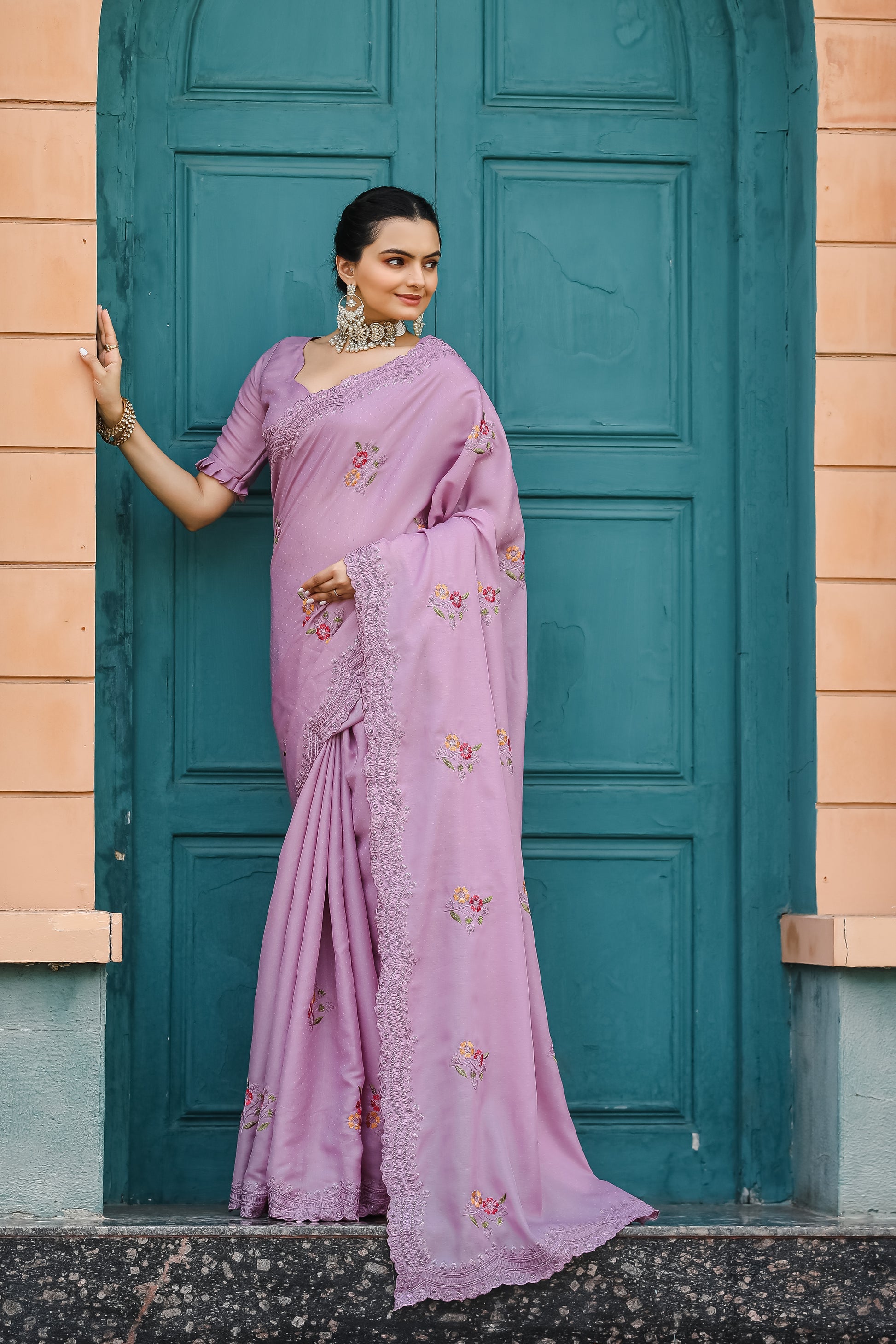 Buy MySilkLove Old Rose Purple Embroidery Tussar Cotton Saree Online