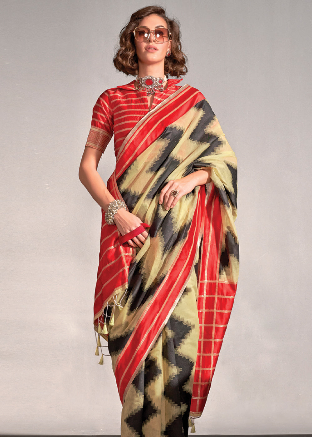 Buy MySilkLove Lemon Yellow Woven Banarasi Soft Silk Saree Online