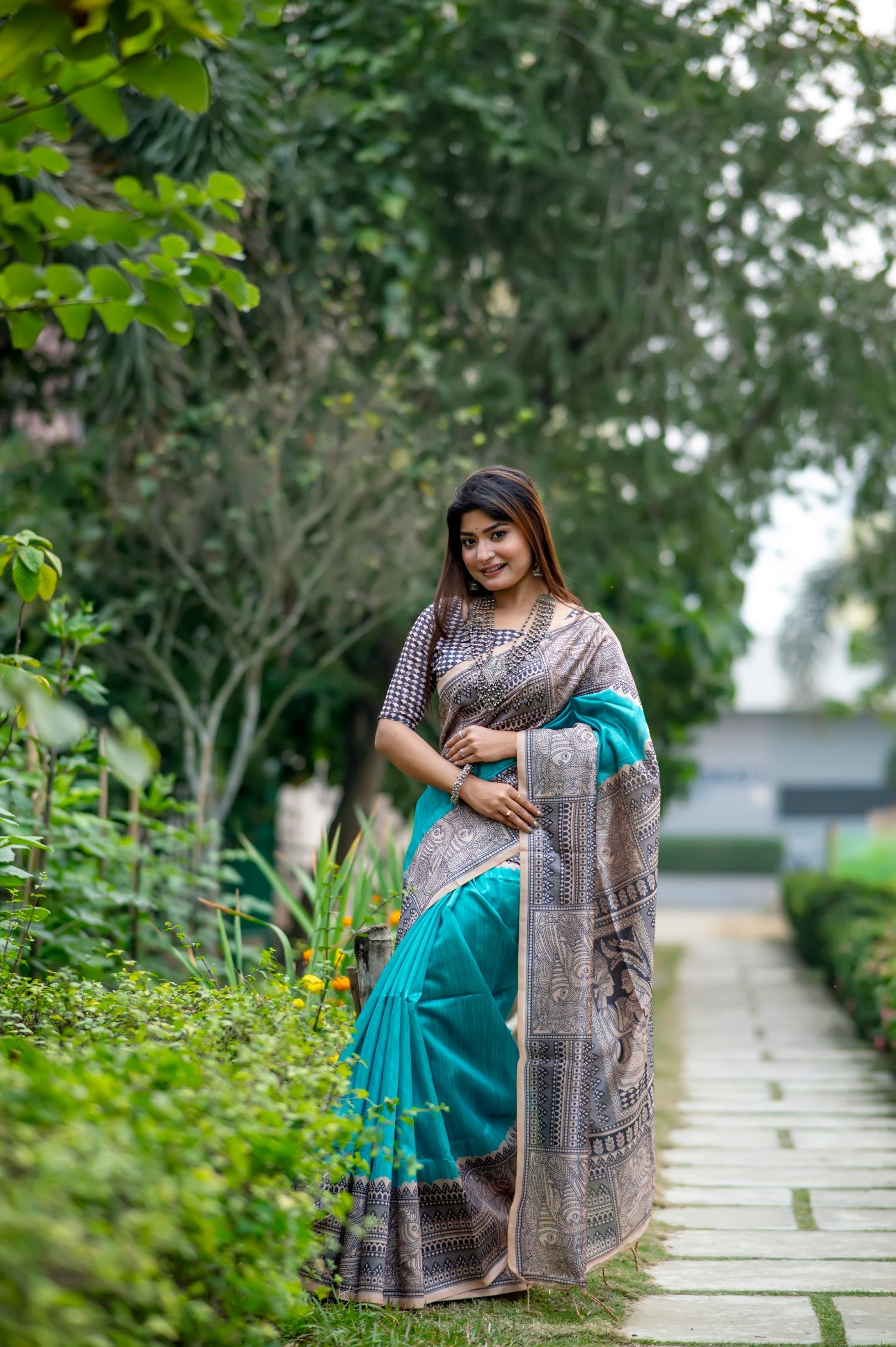 Buy MySilkLove Cadet Blue Madhubani Printed Silk Saree Online