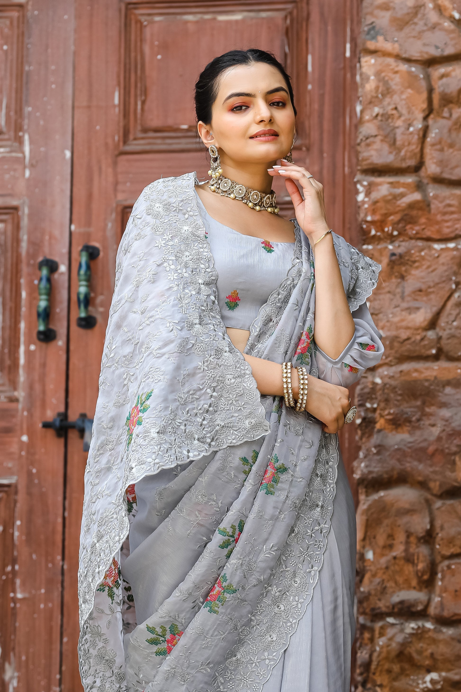 Buy MySilkLove Cloudy Grey Embroidered Chiffon Silk Saree Online