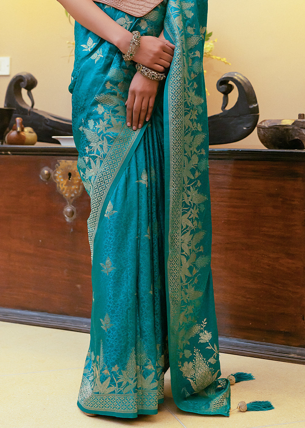 Buy MySilkLove Sea Serpent Blue Woven Satin Silk Saree Online