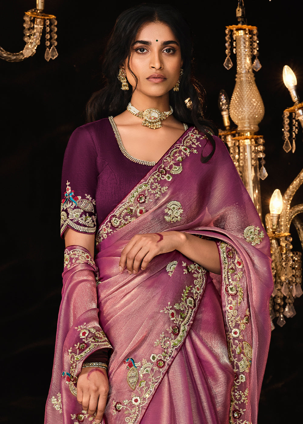 Buy MySilkLove Cadillac Purple Embroidered Designer Satin Silk Saree Online