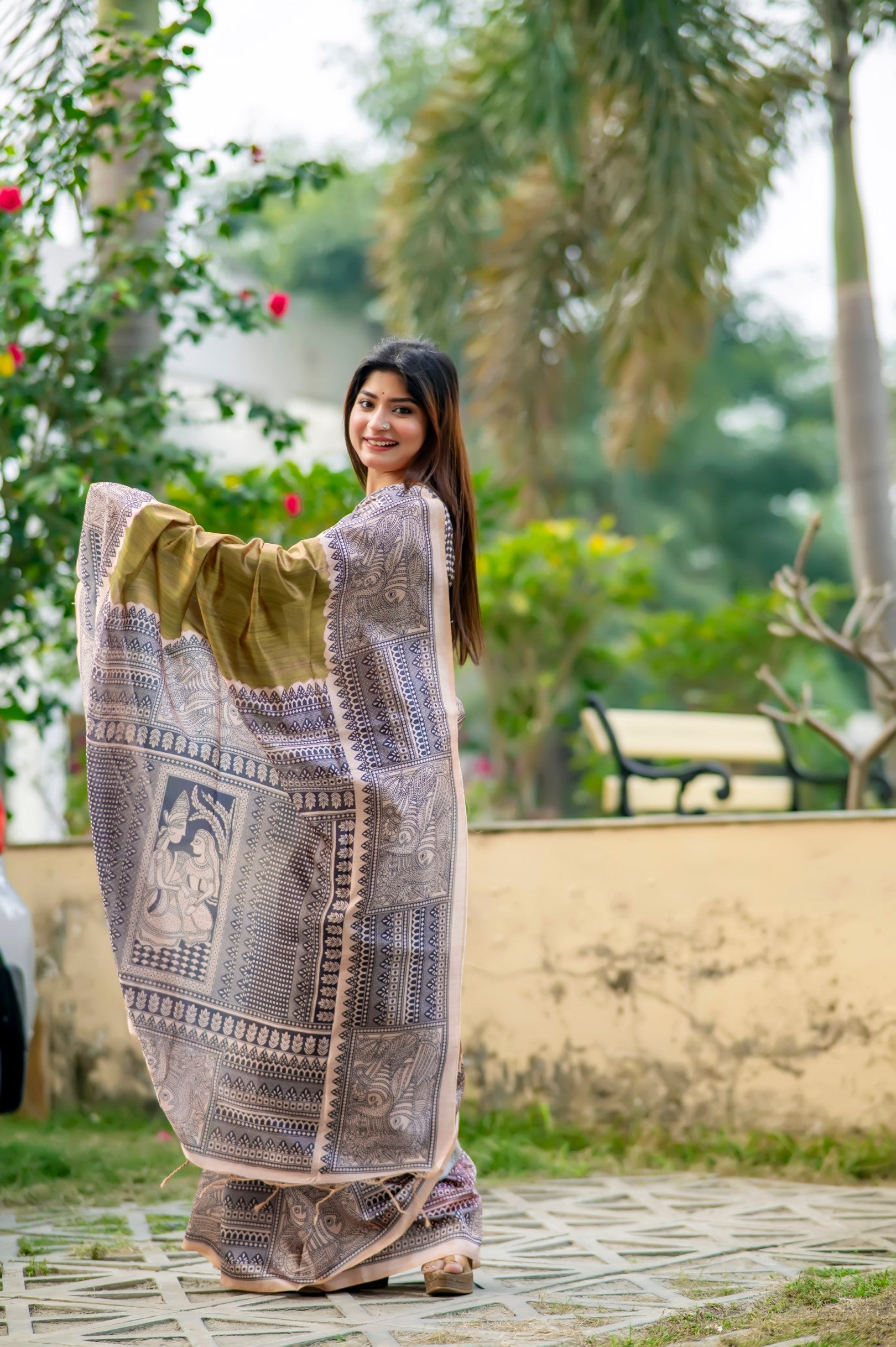 Buy MySilkLove Pesto Green Madhubani Printed Silk Saree Online