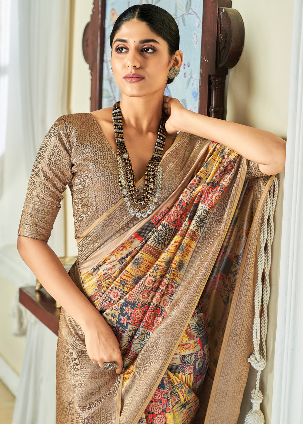 Buy MySilkLove Manhattan Yellow and Brown Banarasi Satin Silk Saree Online