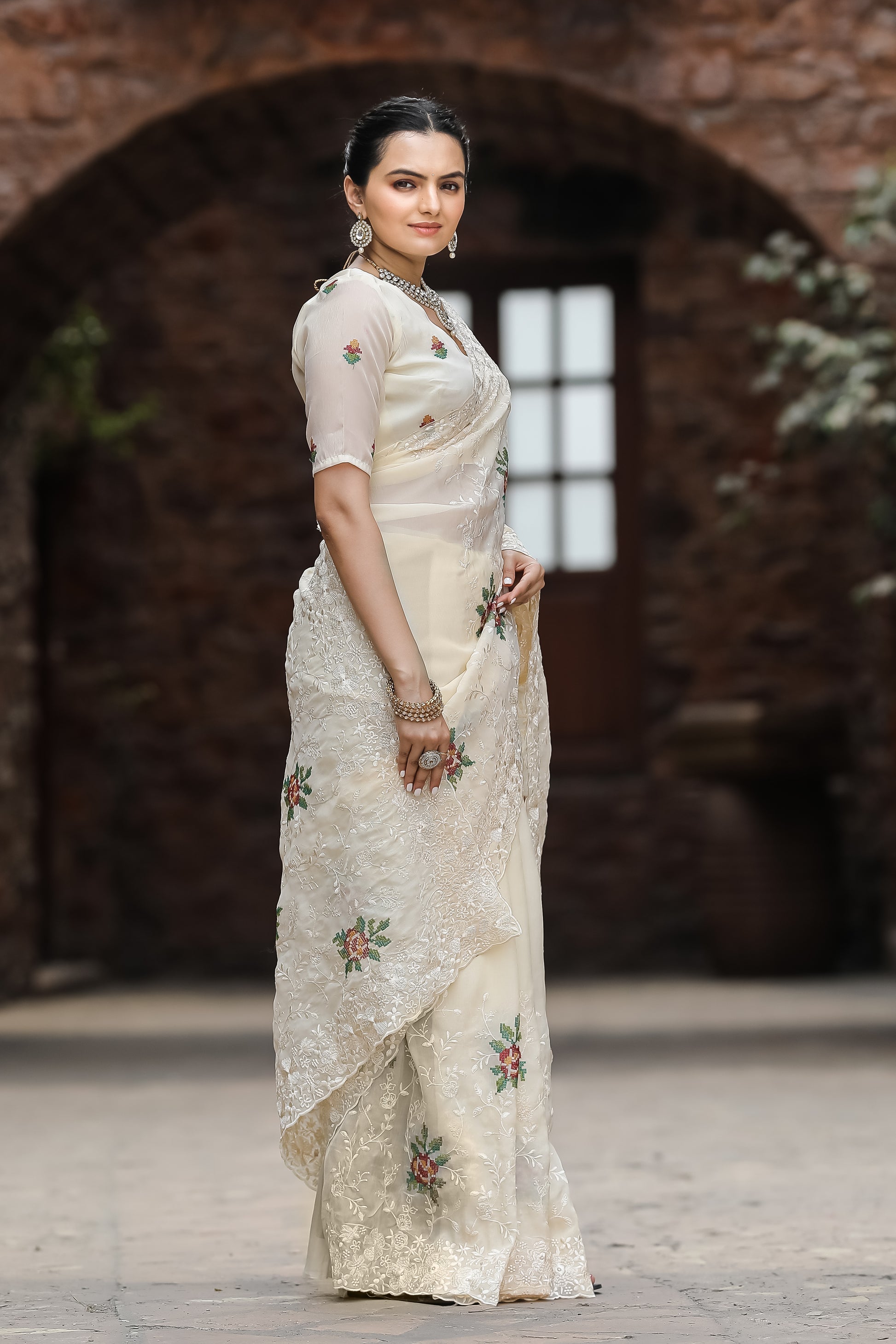 Buy MySilkLove Daisy White Embroidered Chiffon Silk Saree Online