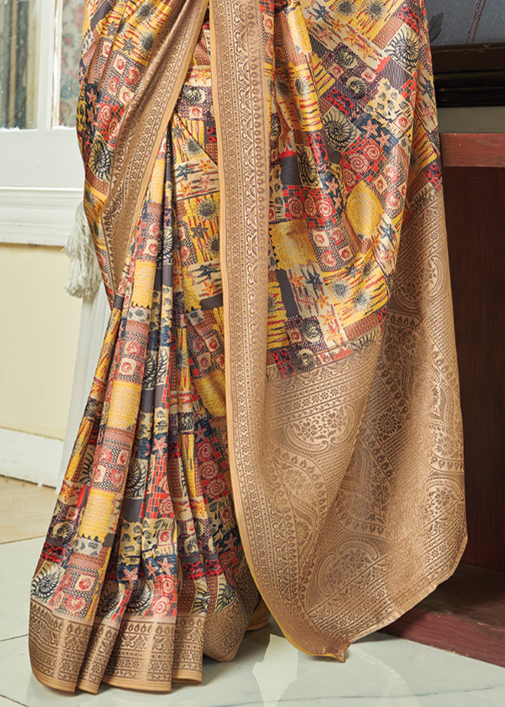 Buy MySilkLove Manhattan Yellow and Brown Banarasi Satin Silk Saree Online