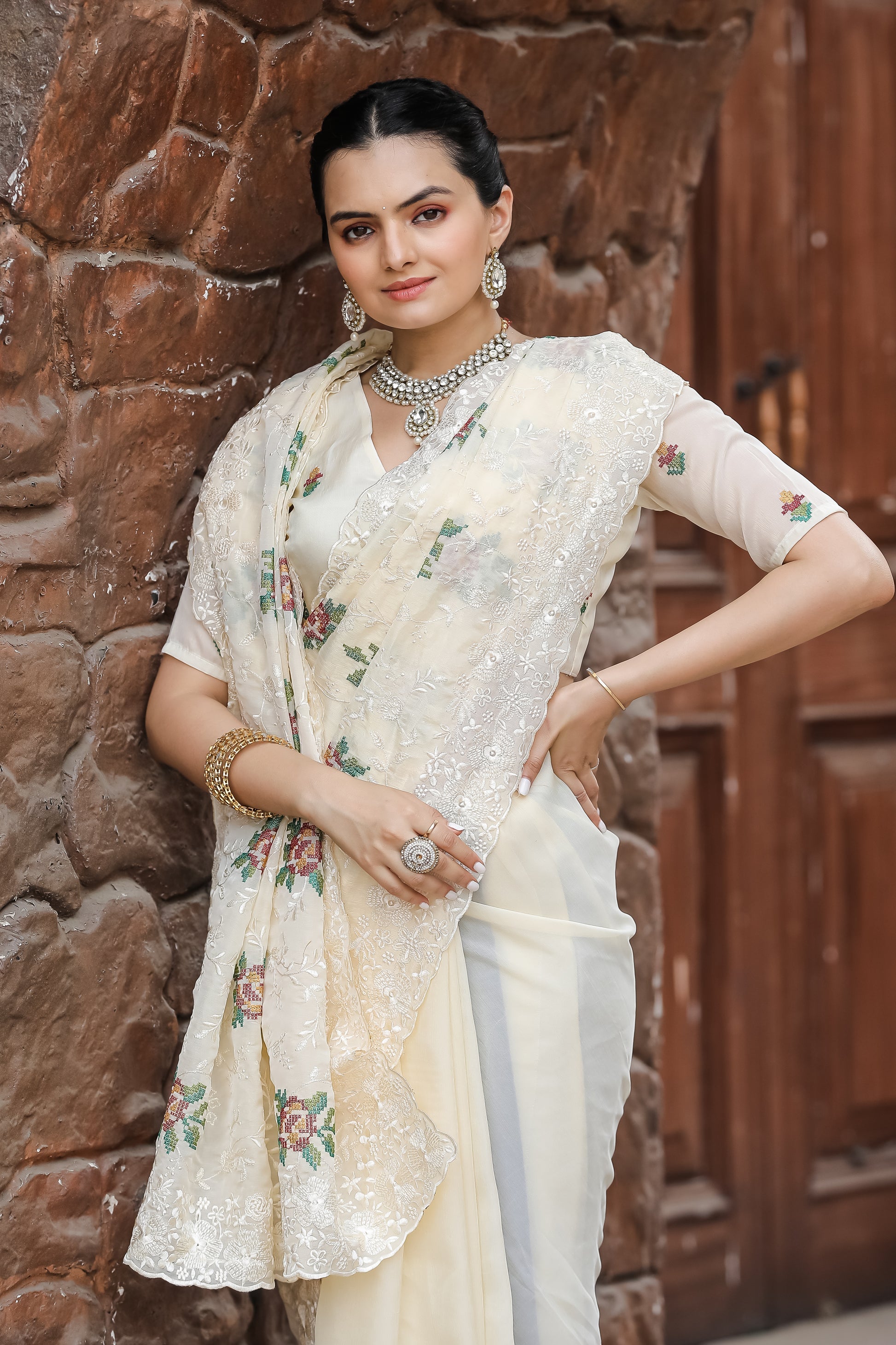 Buy MySilkLove Daisy White Embroidered Chiffon Silk Saree Online