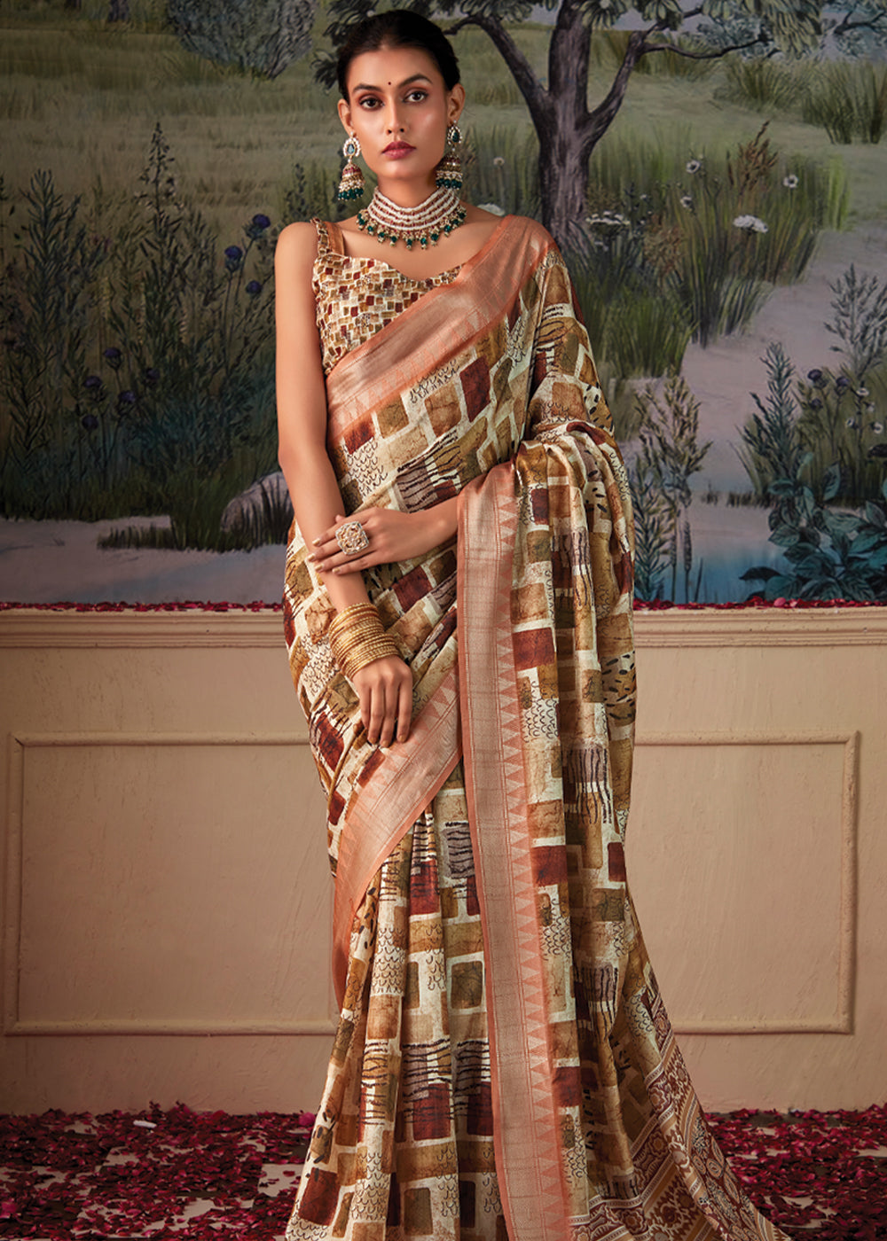 Buy MySilkLove Muddy Waters Brown and Cream Woven Banarasi Tussar Silk Saree Online