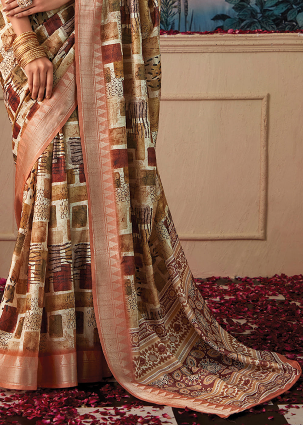 Buy MySilkLove Muddy Waters Brown and Cream Woven Banarasi Tussar Silk Saree Online