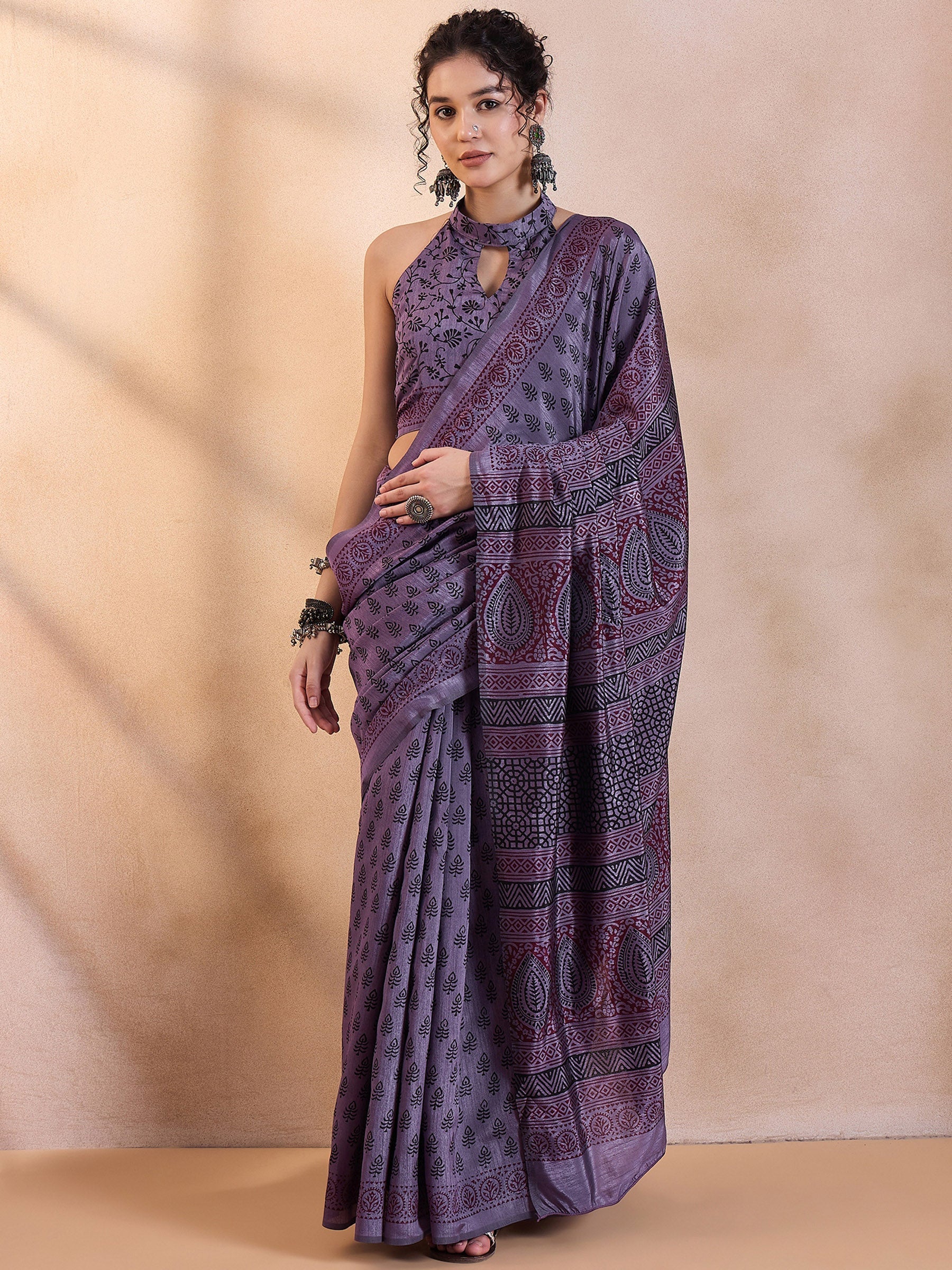 Buy MySilkLove Smoky Purple Printed Dola Silk Saree Online