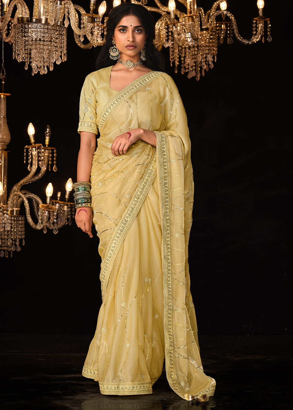 Buy MySilkLove Cape Honey Yellow Embroidered Designer Satin Silk Saree Online