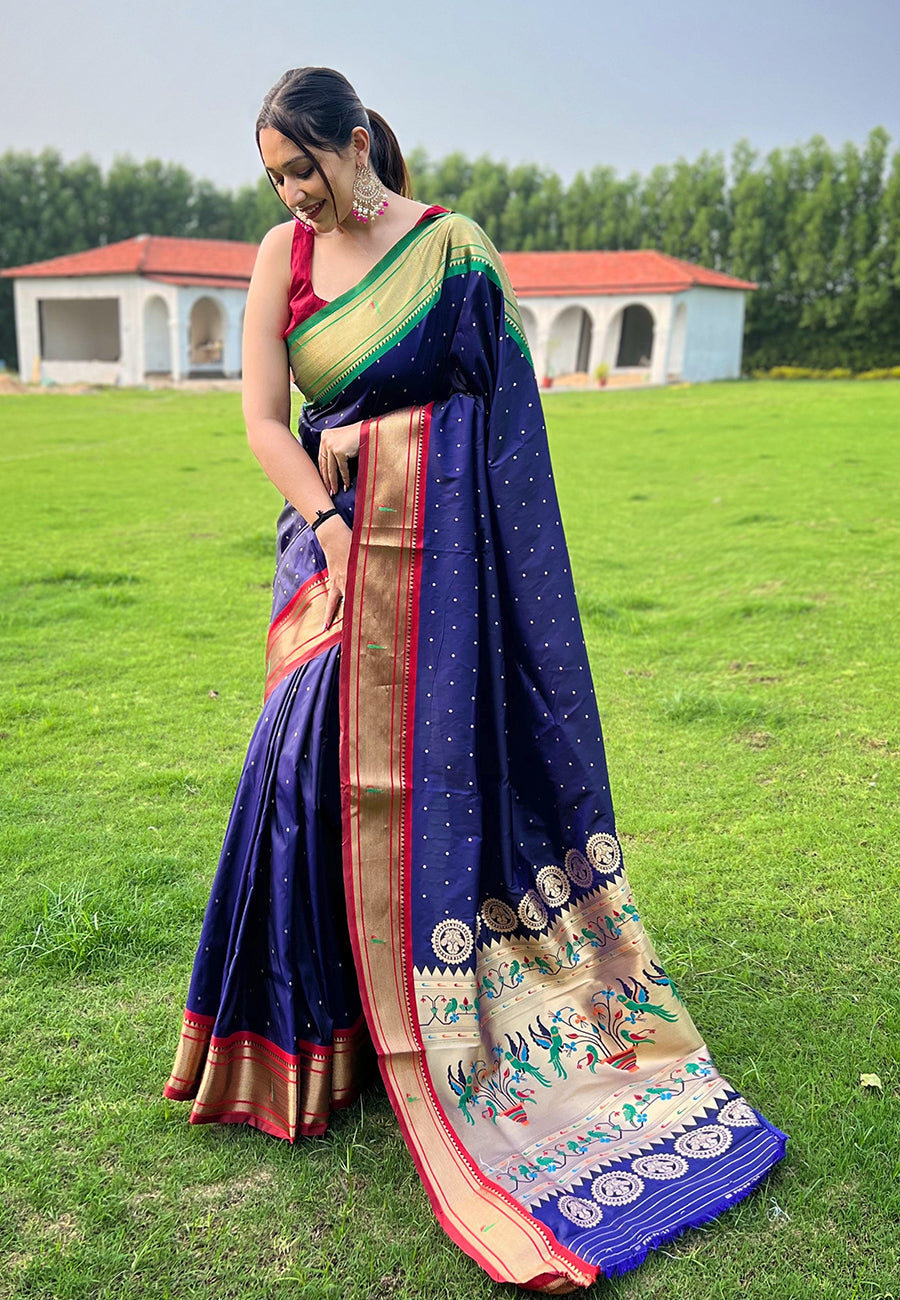 Buy MySilkLove Navy Blue Woven Paithani Saree Online