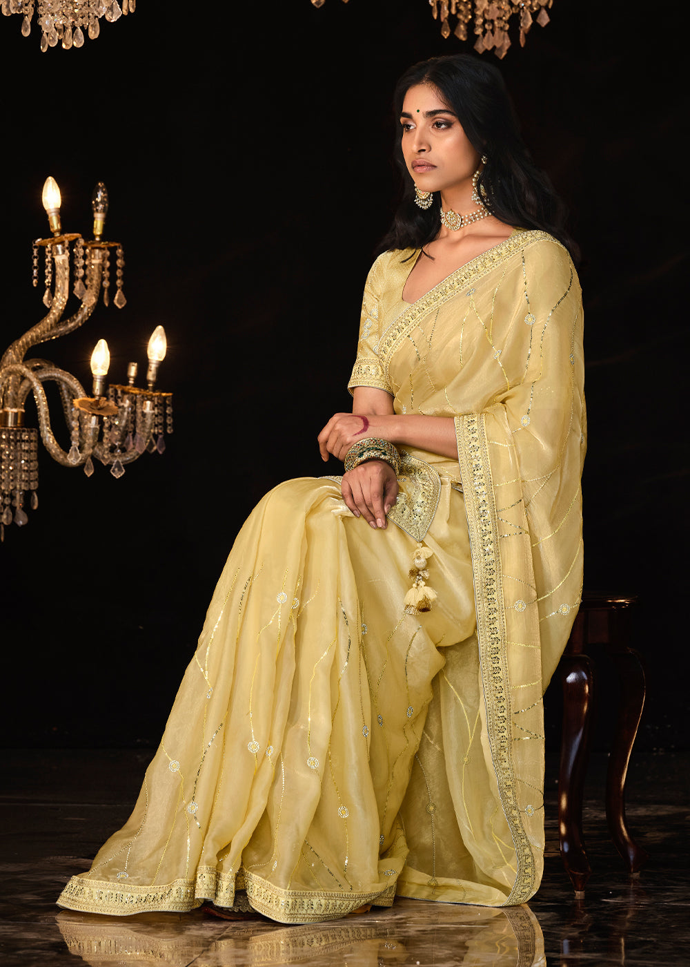 MySilkLove Cape Honey Yellow Embroidered Designer Satin Silk Saree