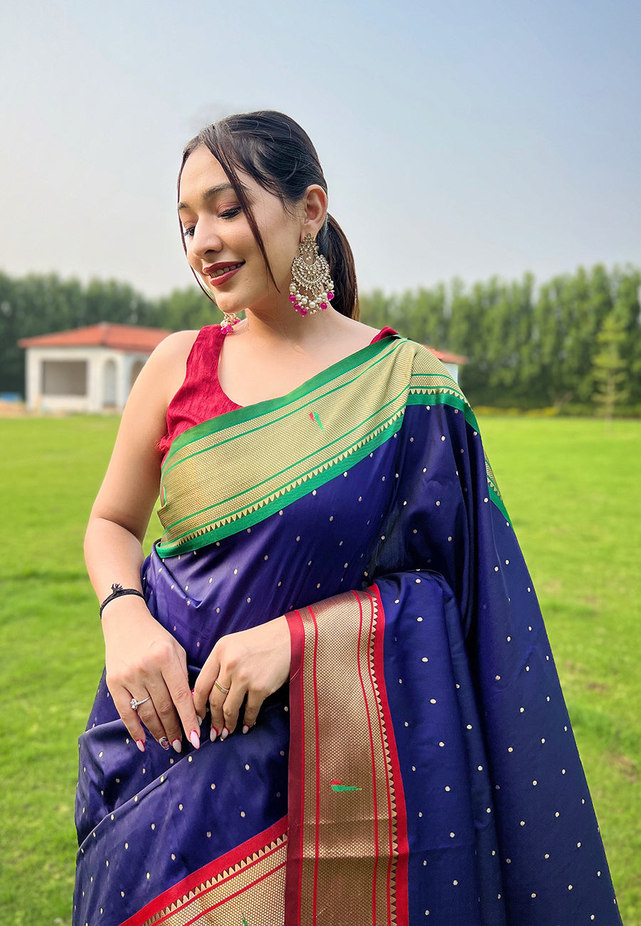 MySilkLove Navy Blue Woven Paithani Saree