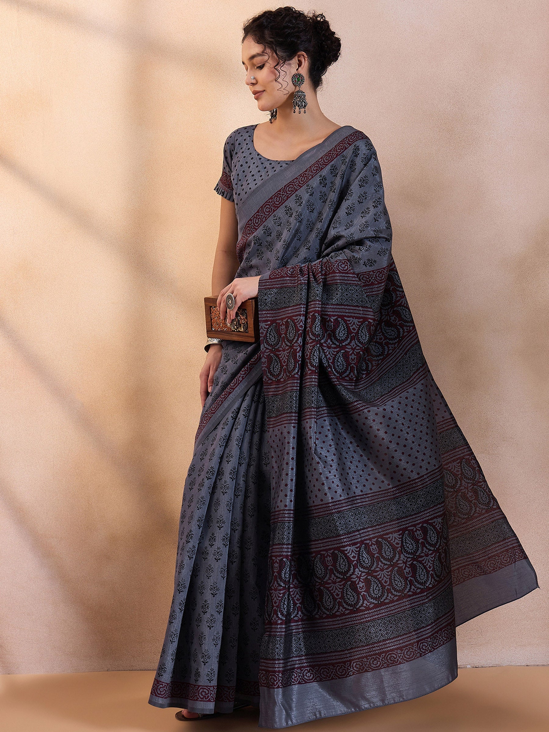 Buy MySilkLove Comet Grey Printed Dola Silk Saree Online