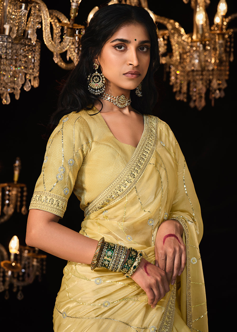 Buy MySilkLove Cape Honey Yellow Embroidered Designer Satin Silk Saree Online