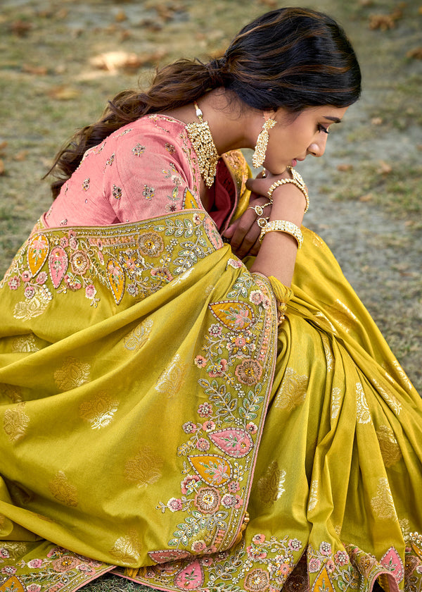 Snapchat Yellow Woven Designer Banarasi Embroidered Silk Saree