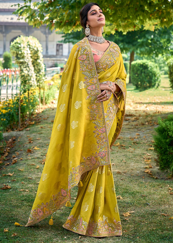 Snapchat Yellow Woven Designer Banarasi Embroidered Silk Saree