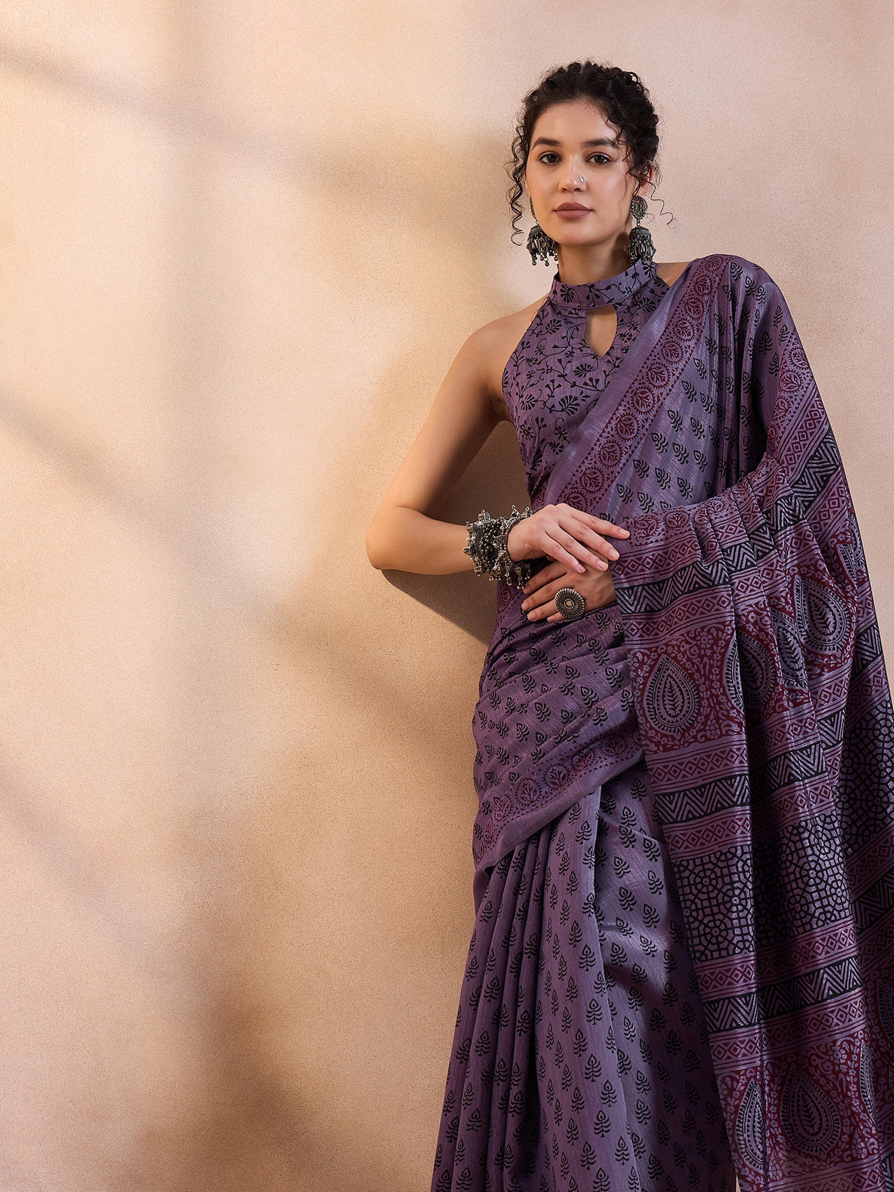 Buy MySilkLove Smoky Purple Printed Dola Silk Saree Online