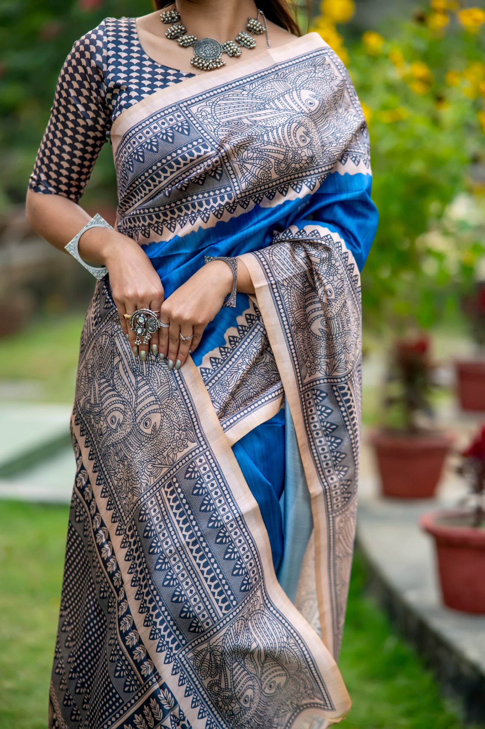 Buy MySilkLove Royal Blue Madhubani Printed Silk Saree Online