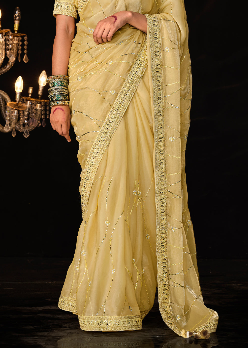 Buy MySilkLove Cape Honey Yellow Embroidered Designer Satin Silk Saree Online