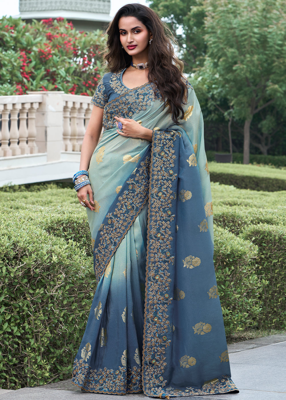 Buy MySilkLove Celeste Blue Embroidered Designer Silk Saree Online